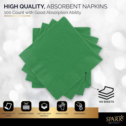 100 Pack Green Beverage Napkins - Big Party Pack, 2 Ply, Ideal for Wedding, Party, Birthday, Dinner, Lunch, Cocktails