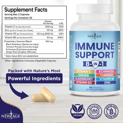 8 in 1 Immune Support Booster Supplement with Echinacea, Vitamin C and Zinc 50mg, Vitamin D 5000 IU, Turmeric Curcumin & Ginger, B6, Elderberry 60 Count (Pack of 1)