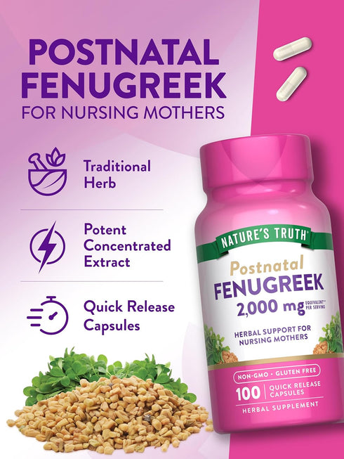 Nature's Truth Fenugreek Seed Capsules for Women, 2000mg, 100 Non-GMO and Gluten Free Powder Capsules