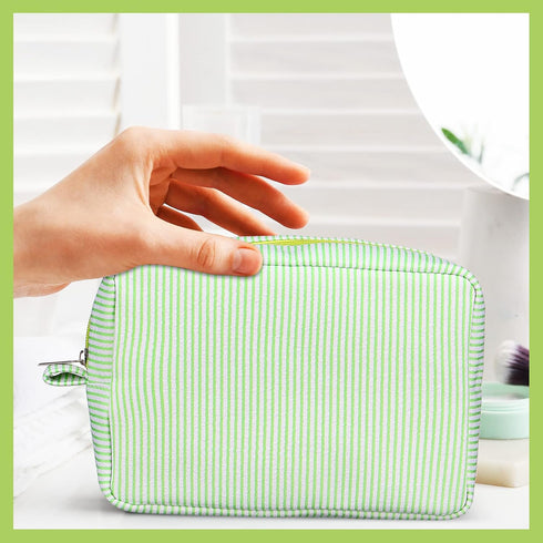 Sanwuta 3 Pack Seersucker Makeup Bag, Cute Stripe Cosmetic Pouch Gifts for Women and Girls (Pink, Blue, Green)