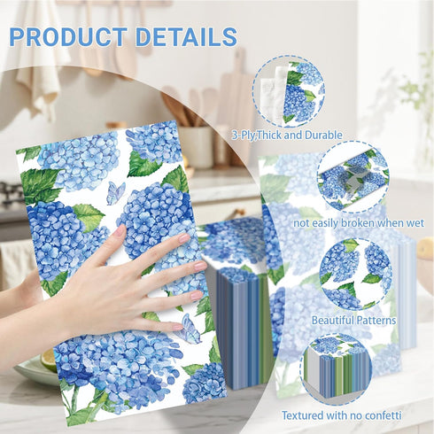 SMUAENSS 100 3-Ply Summer PCS Hydrangea Paper Napkins, Blue Hydrangea Floral Paper Napkins Disposable Hand Towels