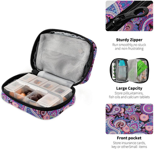 Naanle 7 4.6 3.14 1.88 Inch, Traditional Paisley Flowers Pill Box Day Case Travel Organizer Bag with Zipper Floral