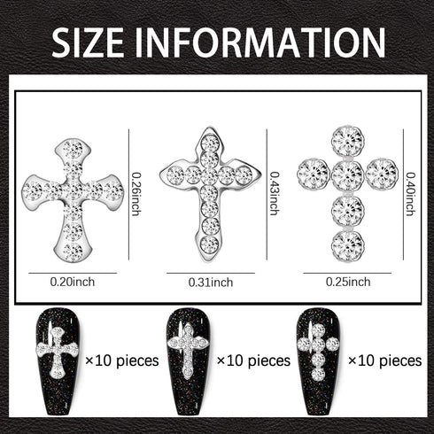 SILPECWEE 30pcs 3 Style Cross Nail Charms - 3D Silver Nail Jewels for Nail Art Decoration