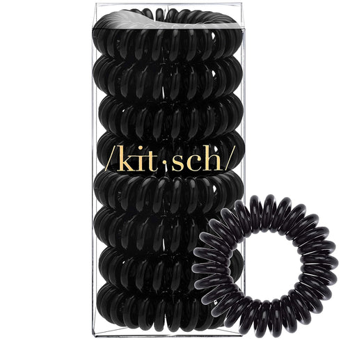 Kitsch Spiral Ponytail Holders for Women - Waterproof Hair Ties for Teens, Stylish Phone Cord Ties & Coils, 8 Pcs, Black