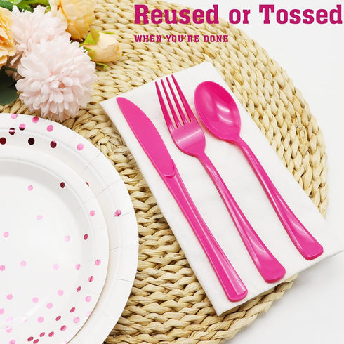 150 Pack Hot Pink Silverware, Hot Pink Plastic Cutlery, 50 Forks, 50 Knives, 50 Spoons for Birthday Bachelorette Wedding