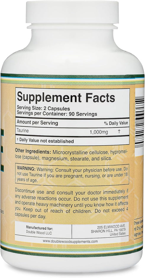 Taurine Supplement 1000 mg - 180 Capsules - Vegan Safe, Gluten Free, Non-GMO by Double Wood