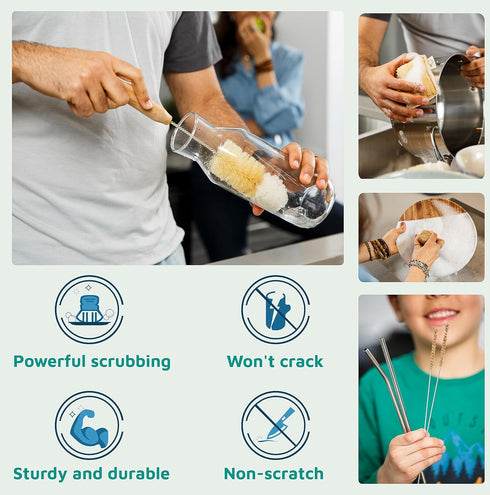 Bamboo Dish Brush Set, Complete Sustainable & Compostable Sponge and Scrubber Set for Eco-Friendly Cleaning