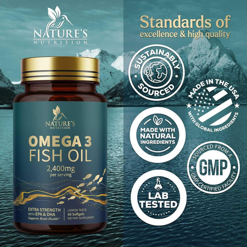 Triple Strength Omega 3 Fish Oil 60 Softgels, 2400 mg, Brain & Heart Health Support, EPA & DHA
