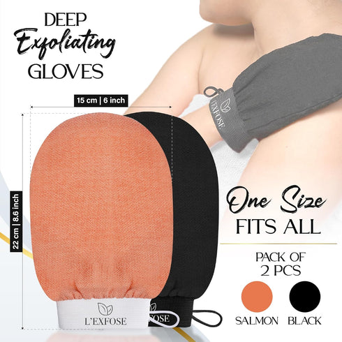 L'Exfose Kessa Hammam Deep Exfoliating Glove, 2pc Korean Mitt for Dead Skin Remover and Self-Tanning
