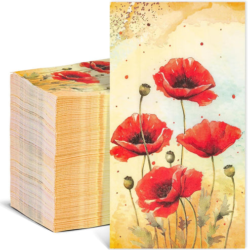 Homlouue 100PCS Watercolor Red Poppies Floral Napkins - 3 Ply Disposable Hand Towels for Bathroom Guest