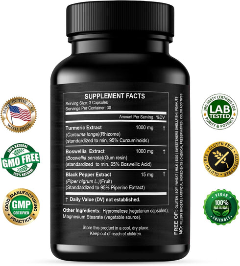 Turmeric Boswellia Extract Supplement, 2000 mg Extra Strength with 95% Curcuminoids, Made in USA