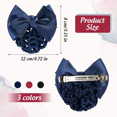 TXIN 3 Pieces Hair Snood Net Bun Cover, Knit Hairnet Bow Decor Barrette for Women, Black & Navy Blue & Red