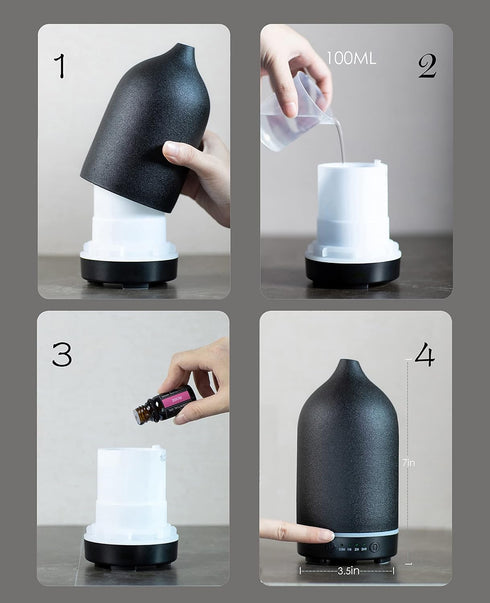 Essential Oil Diffuser, Handcrafted Ceramic Ultrasonic Cool Mist Air Diffuser, 9 Colors Night Light with Timer (Black)