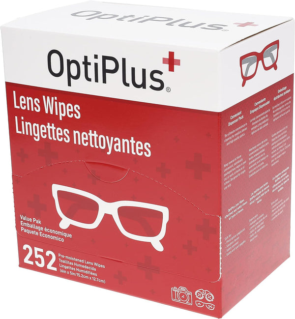 OptiPlus Eyeglass Lens Wipes, Pre-Moistened Cleaning Wipes for Glasses, 252 Count
