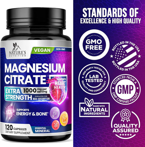 Magnesium Citrate Extra Strength 1000 mg - Chelated for Max Absorption, Non-GMO Magnesium Supplement for Muscle Health,