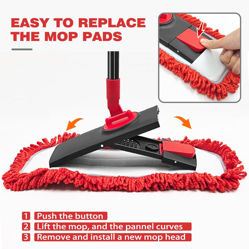 JEHONN Floor Mop Dry Wet Flat Dust Mops with Microfiber & Chenille Pads for Hard Wood Laminate Tile Vinyl Kitchen Bathroom Home (Red)