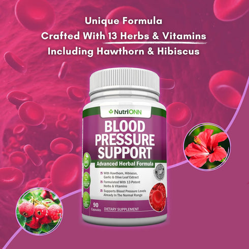 Blood Pressure Support Supplement - 13 Herbs & Vitamins with Hawthorn, Hibiscus, Garlic & Olive Leaf Extract - Non-GMO