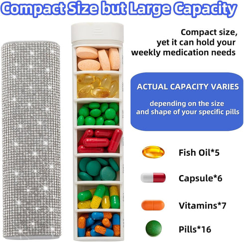 Veseek 7-Day Pill Case for Purse Bling Pill Organizer Weekly Compact Medicine Containers Travel Medication Box Holder