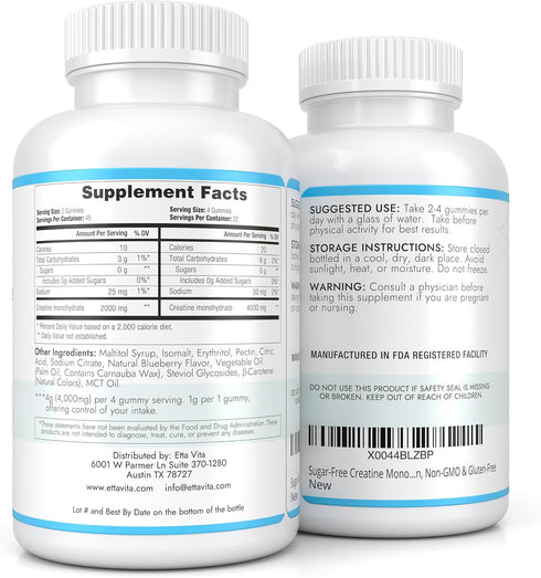 Sugar-Free Creatine Monohydrate Gummies (1g/Gummy) for Muscle Support, Energy, Cognitive Function - Non-GMO, Vegan