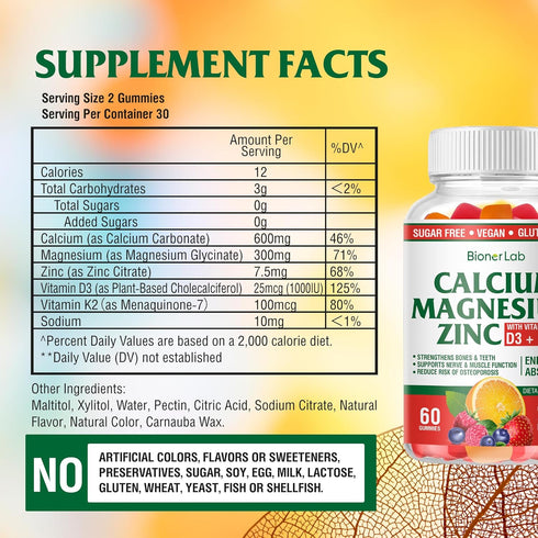 Calcium Magnesium Zinc Gummies - High Potency with Vitamin D3 & K2, Enhanced Absorption, Orange and Berry Flavored
