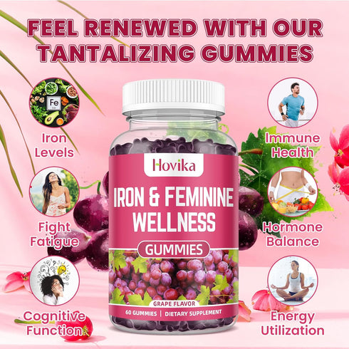 Iron & Hormone Balance for Women Gummies, 25mg Iron Supplement with Multivitamins, Natural Hormonal Support for PMS