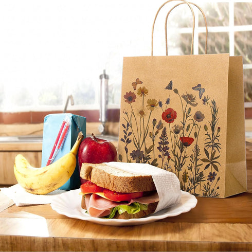Kolldenn 24 8 3.9 9 6 Pcs Vintage Floral Wildflower Gift Bags Flower Kraft Paper Printed Candy Goodie Bags with Handles