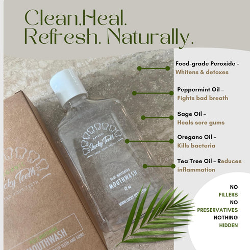 Lucky Teeth (1) Organic Food Grade Peroxide MouthWash - Plus WHITENING - Whitens, Refreshes. Food Grade Peroxide +