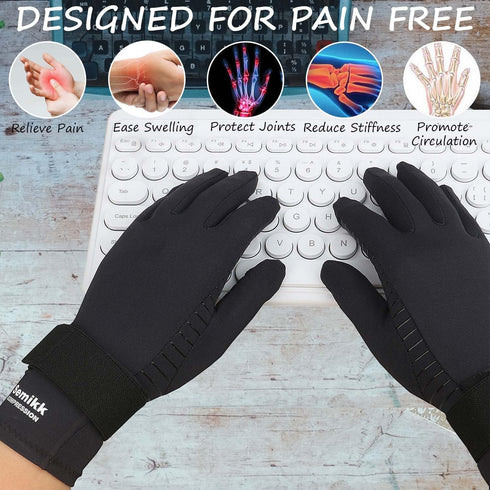 Copper Arthritis Gloves with Adjustable Wrist Strap for Men and Women, Full Finger Compression Gloves for Pain Relief