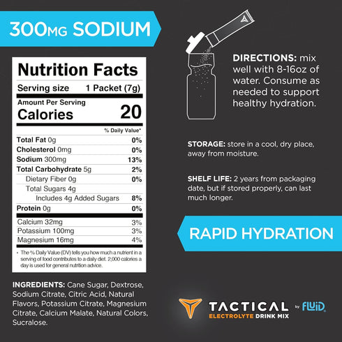 Fluid Tactical Electrolyte Powder Drink Mix, Travel Ready Stick Packs, Variety Pack