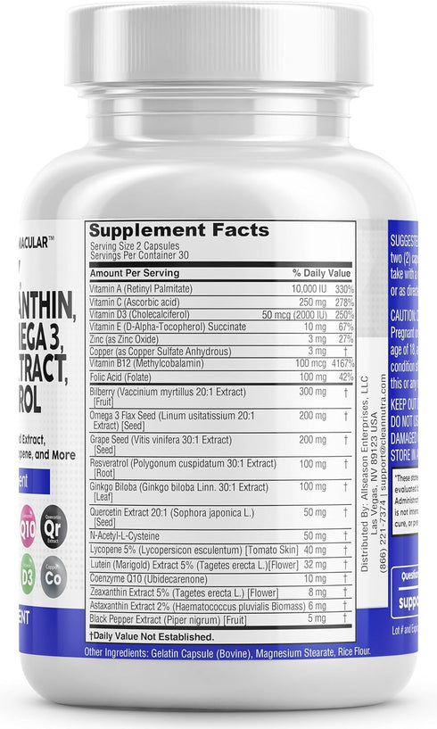 Eye Health Vitamins with Bilberry 6000mg, Lutein & Zeaxanthin 40mg, Omega 3 4000mg - 60 Capsules