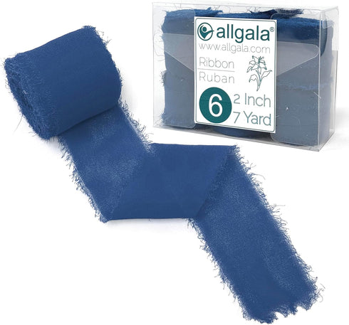 Allgala 6 Roll Handmade Rustic Fringe Frayed Chiffon Ribbon, 2"x7yd, Navy Blue for Bridal Wedding Gift Packing