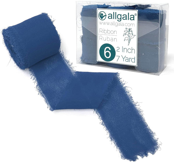 Allgala 6 Roll Handmade Rustic Fringe Frayed Chiffon Ribbon, 2"x7yd, Navy Blue for Bridal Wedding Gift Packing