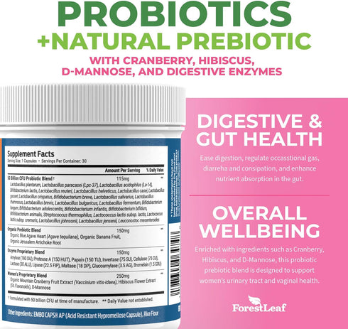 ForestLeaf Womens Probiotic 50 Billion CFU with Organic Prebiotics, Digestive Enzymes, Cranberry & D-Mannose (30 Caps)