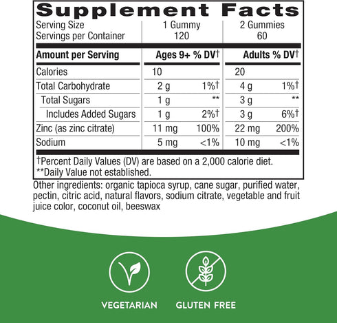 Nature's Way Zinc Gummies, 120 Gummies, Daily Immune Support, 100% Daily Value Zinc, Mixed Berry Flavor