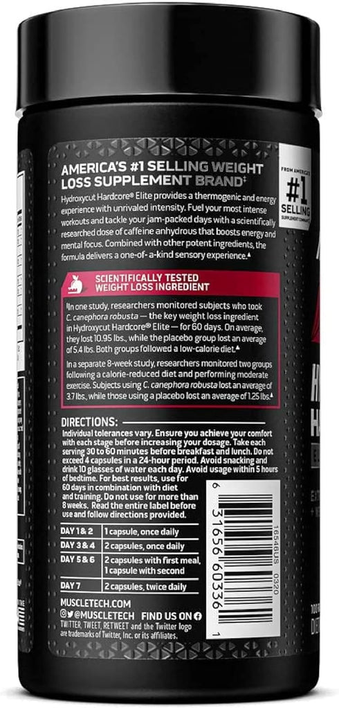 Hydroxycut Hardcore Elite - 100 Rapid-Release Thermo Caps, Energy & Focus for Men & Women, 50 Servings