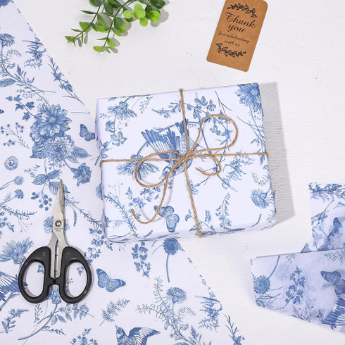 Whaline 100 Sheet Blue Floral Tissue Paper, Chinoiserie Gift Wrapping Paper for Baby Shower, 13.7x19.6 Inch