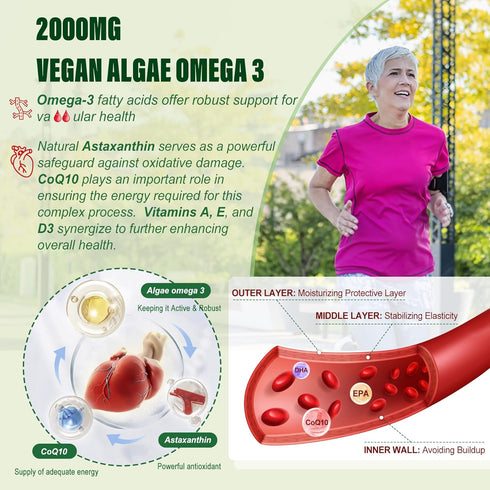 Vegan Omega 3 Supplement Gummies, 2000mg Algae Omega 3 with 640mg DHA & 290mg EPA, Sugar Free, 60 Count