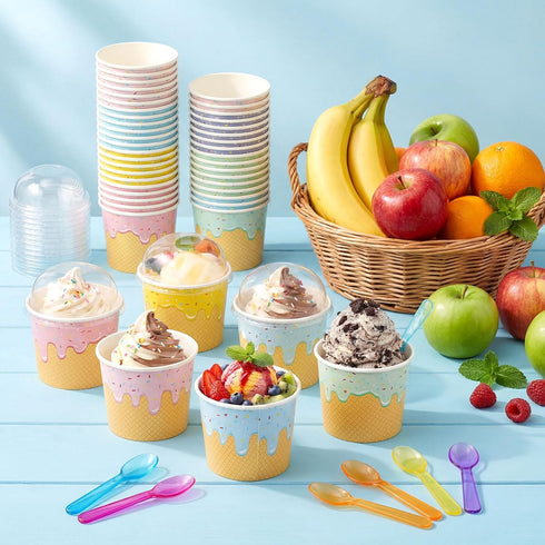 Jingmore 120 Set 4oz Ice Cream Paper Cups with Lids and Spoons, Disposable Sundae Bowls, Dessert Cups for Birthday