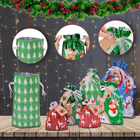 Christmas Gift Bags Assorted Sizes, 22pcs Drawstrings Reusable Plastic Holiday Gift Bags for Presents Wrapping