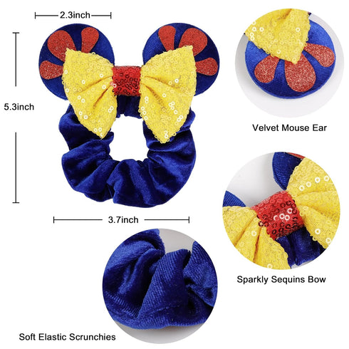 Cute Snow White Mouse Ear Hair Scrunchies for Girls, Velvet Hair Bow Ties, Ponytail Party Favors, Cosplay Accessories