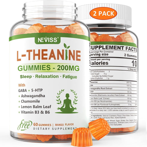 L-Theanine 200mg Gummies Sugar Free - GABA, 5-HTP, Ashwagandha & Vitamin D3 for Relaxation Support - 2 Packs