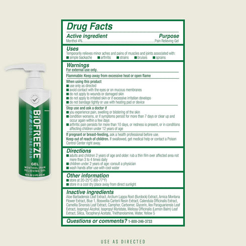 Biofreeze Menthol Pain Relieving Gel, 16 FL OZ Bottle with Pump for Sore Muscles, Arthritis, Backaches, Joint Pain,