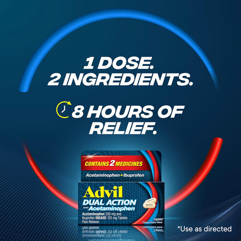 Advil Dual Action Coated Caplets with 250 Mg Ibuprofen & 500 Mg Acetaminophen, 2 Count x 50 for 8 Hour Pain Relief