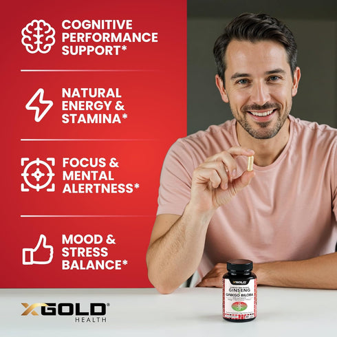 Korean Red Panax Ginseng 1200mg + Ginkgo Biloba Extra Strength Vegan Capsules for Energy, Performance & Focus