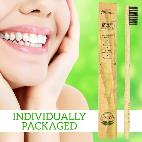 Lingito 6-Pack Natural Charcoal Bamboo Toothbrushes, BPA Free Soft Bristles, Eco Friendly & Vegan
