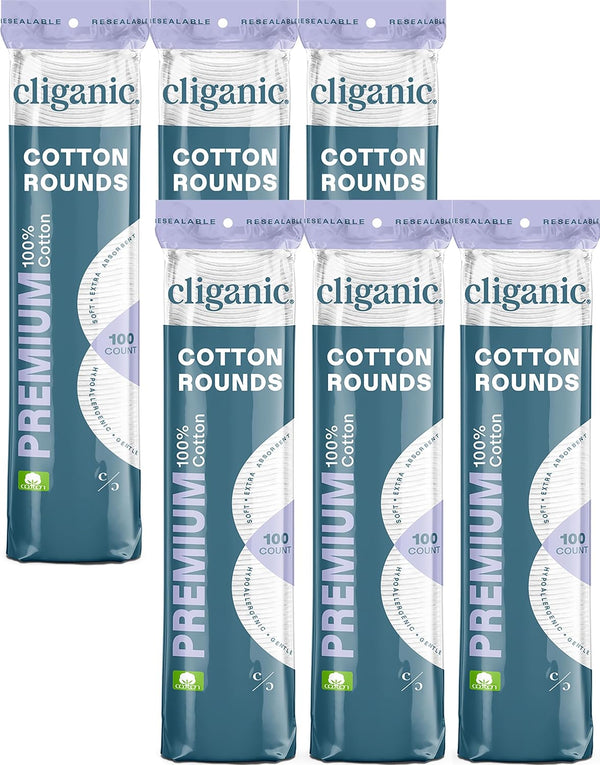 Cliganic Premium Cotton Rounds - Makeup Remover Pads, Hypoallergenic, Lint-Free, 100% Pure Cotton (6 Pack)