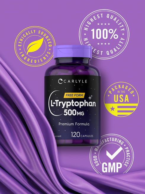 Carlyle L-Tryptophan 500mg - 120 Capsules, Amino Acid Supplement, Free Form, Premium Formula, Non-GMO & Gluten Free
