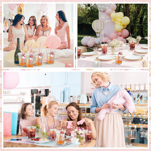 Jingmore 50 Sets Ballerina Disposable Cups with Lids and Straws Plastic Ballet Party Cold Beverage Drinking Cups
