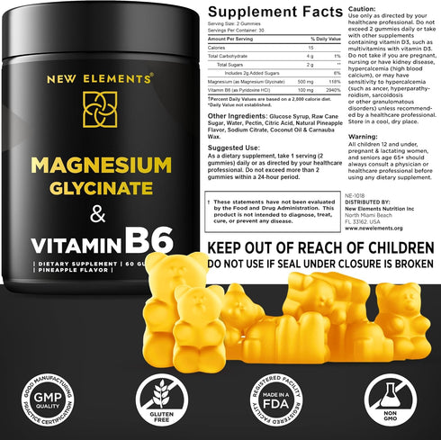 Magnesium Glycinate Gummies 500mg with Vitamin B6 100mg - Non-GMO, High Absorption for Stress Relief & Muscle Support