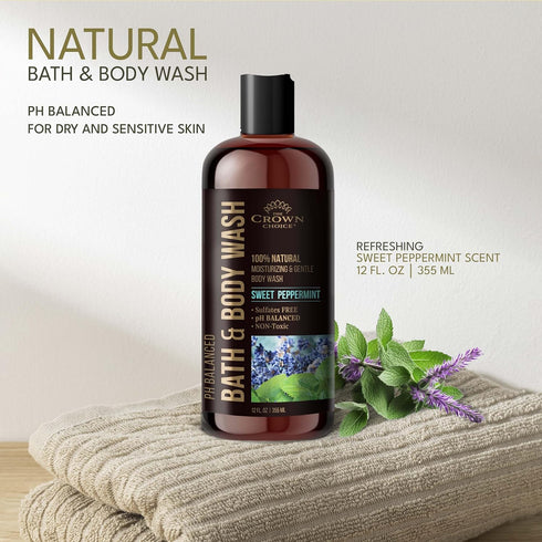 Natural Body Wash for Women, Men & Kids - Peppermint & Lavender - 12oz, Moisturizing Liquid Soap